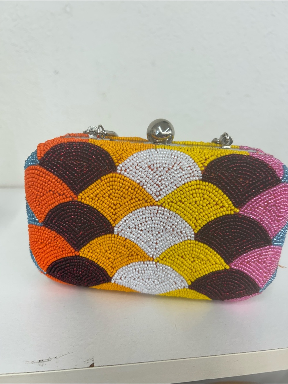 Multicolor Beaded Scallop Clutch - Yellow, Orange, Pink, White, Brown